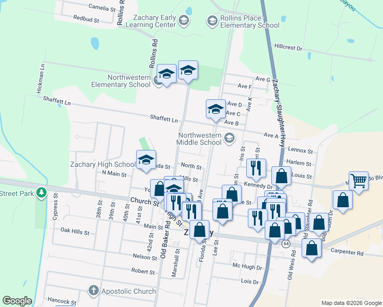 map of restaurants, bars, coffee shops, grocery stores, and more near 4438 Stewart Street in Zachary