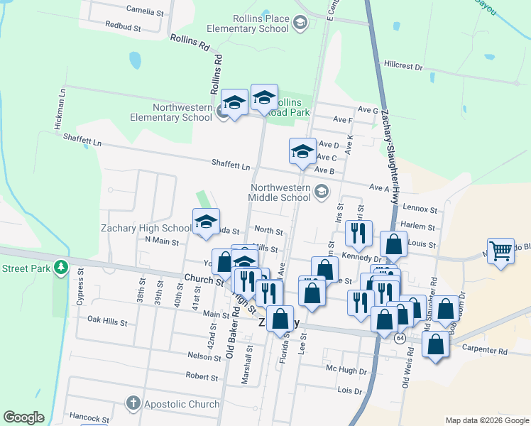 map of restaurants, bars, coffee shops, grocery stores, and more near 5048 Rollins Road in Zachary