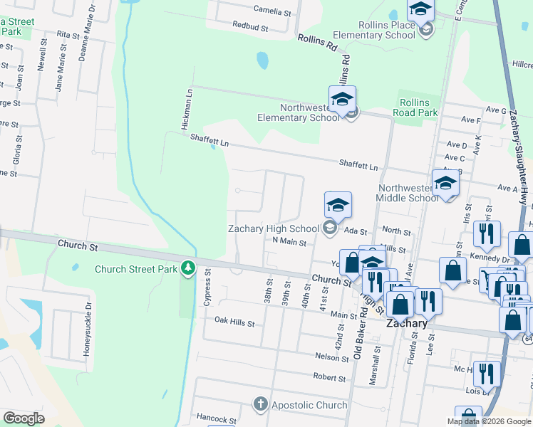 map of restaurants, bars, coffee shops, grocery stores, and more near 3658 Jim East Avenue in Zachary