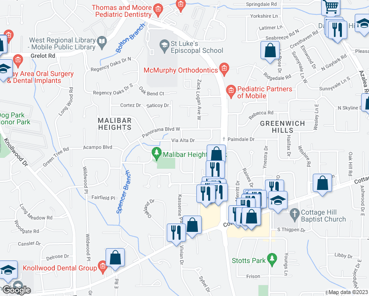 map of restaurants, bars, coffee shops, grocery stores, and more near 4312 Raines Drive in Mobile