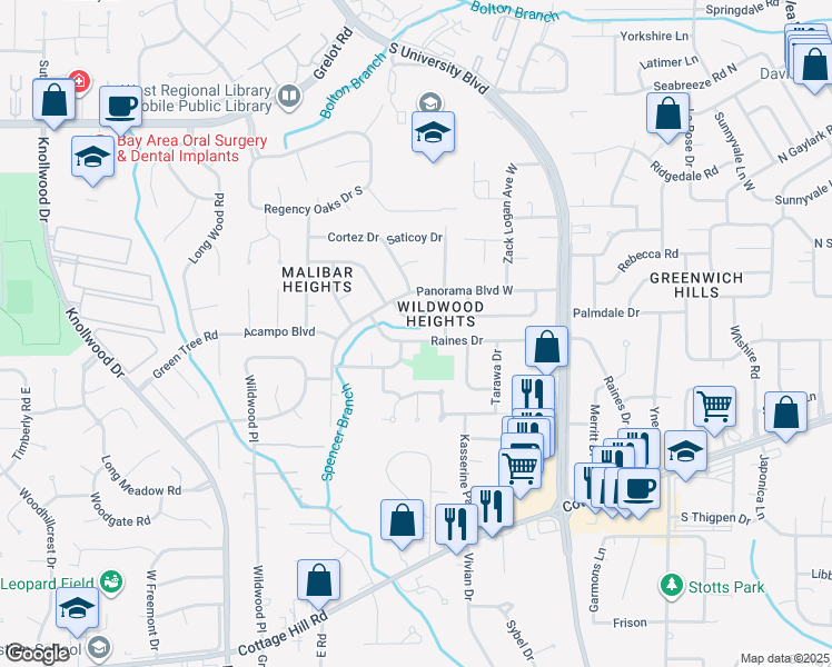 map of restaurants, bars, coffee shops, grocery stores, and more near 5367 Raines Drive in Mobile
