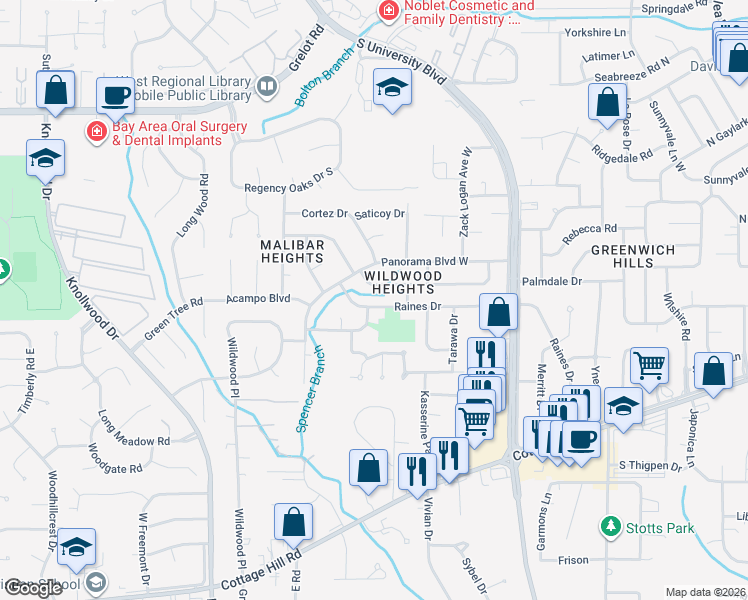 map of restaurants, bars, coffee shops, grocery stores, and more near 5367 Raines Drive in Mobile