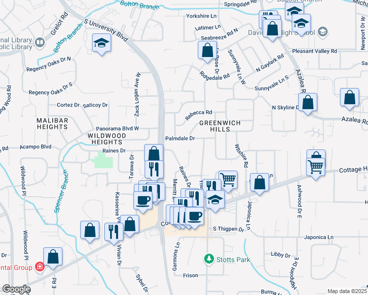 map of restaurants, bars, coffee shops, grocery stores, and more near 653 Raines Drive in Mobile