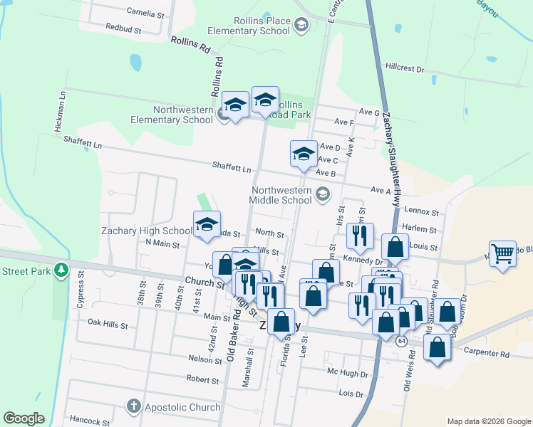 map of restaurants, bars, coffee shops, grocery stores, and more near 5048 Rollins Road in Zachary