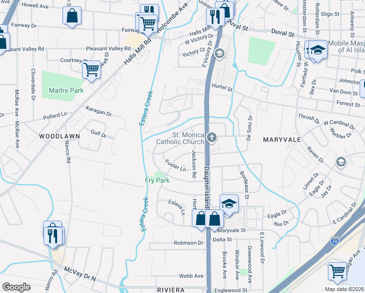 map of restaurants, bars, coffee shops, grocery stores, and more near 2065 Holmes Drive in Mobile