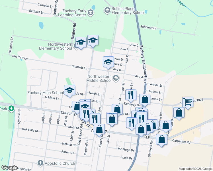 map of restaurants, bars, coffee shops, grocery stores, and more near 5200 East Central Avenue in Zachary