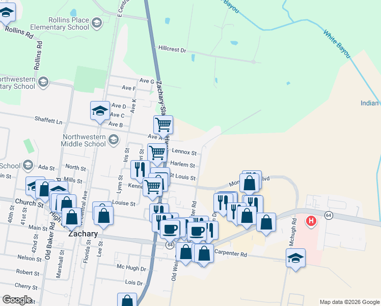 map of restaurants, bars, coffee shops, grocery stores, and more near 5306 Lennox Street in Zachary