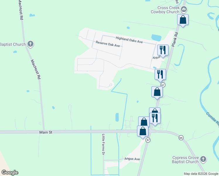 map of restaurants, bars, coffee shops, grocery stores, and more near 9104 Covey Rise Court in Zachary