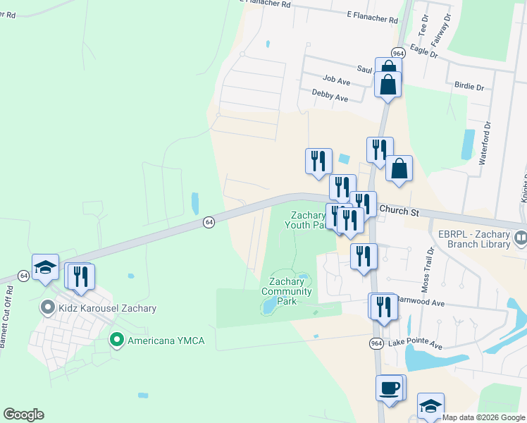 map of restaurants, bars, coffee shops, grocery stores, and more near Oak Valley in Zachary