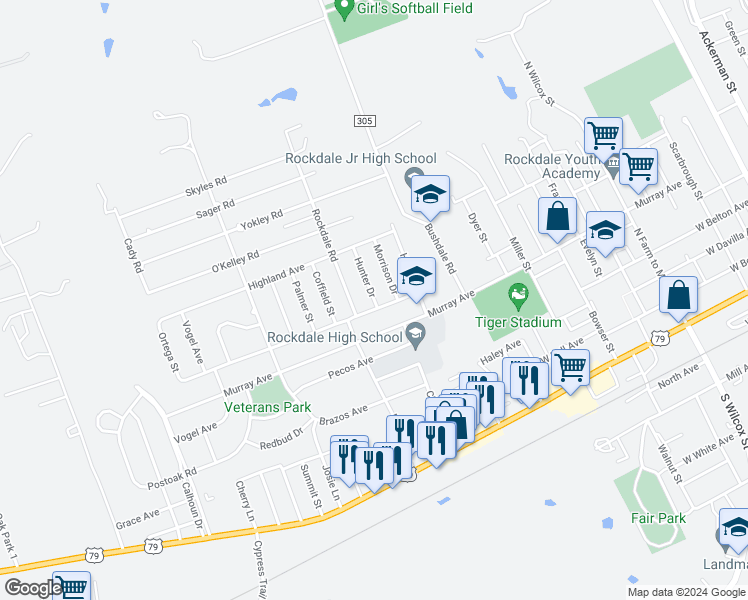 map of restaurants, bars, coffee shops, grocery stores, and more near 712 Hunter Dr in Rockdale