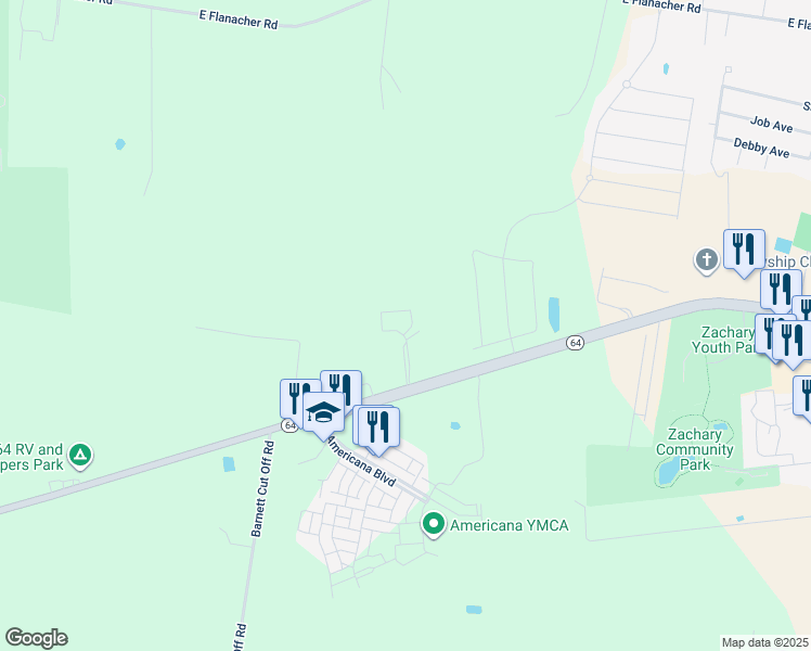 map of restaurants, bars, coffee shops, grocery stores, and more near 1233 Mount Pleasant - Zachary Road in Zachary