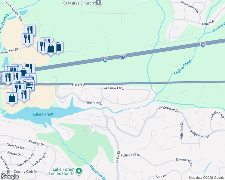 map of restaurants, bars, coffee shops, grocery stores, and more near 105 Blackthorne Circle in Daphne