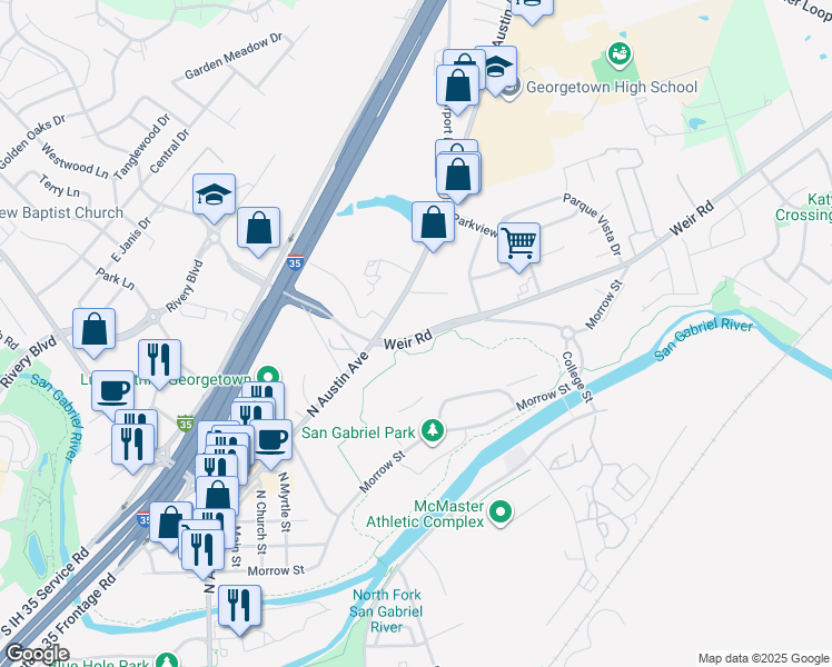 map of restaurants, bars, coffee shops, grocery stores, and more near San Gabriel Loop in Georgetown