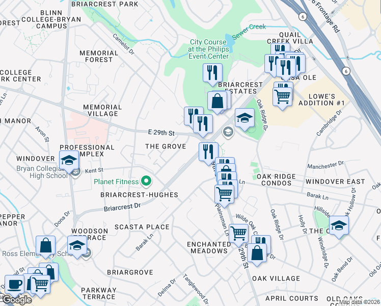 map of restaurants, bars, coffee shops, grocery stores, and more near 3400 East 29th Street in Bryan