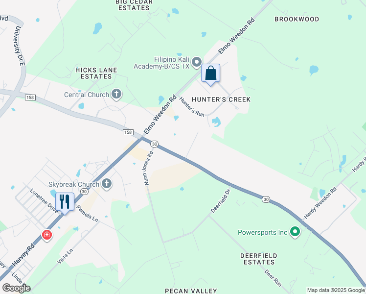 map of restaurants, bars, coffee shops, grocery stores, and more near 10099 State Highway 30 in College Station