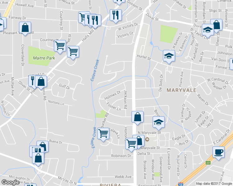 map of restaurants, bars, coffee shops, grocery stores, and more near 2059 Holmes Drive in Mobile