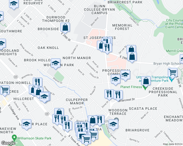 map of restaurants, bars, coffee shops, grocery stores, and more near 2311 Oxford Street in Bryan