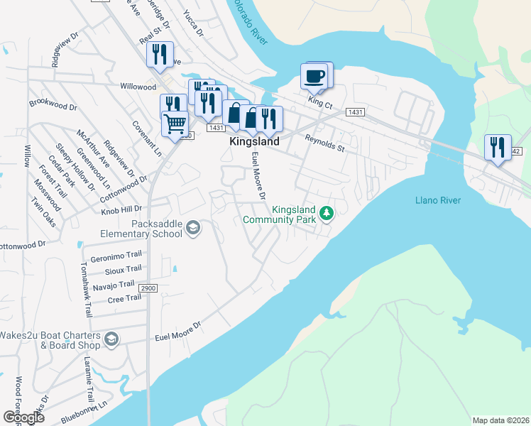 map of restaurants, bars, coffee shops, grocery stores, and more near 447 South Drive in Kingsland
