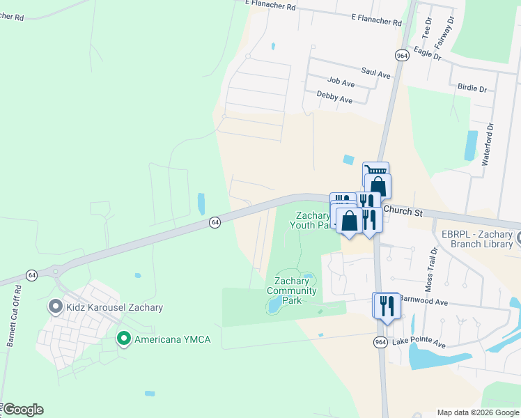 map of restaurants, bars, coffee shops, grocery stores, and more near Oak Valley in Zachary