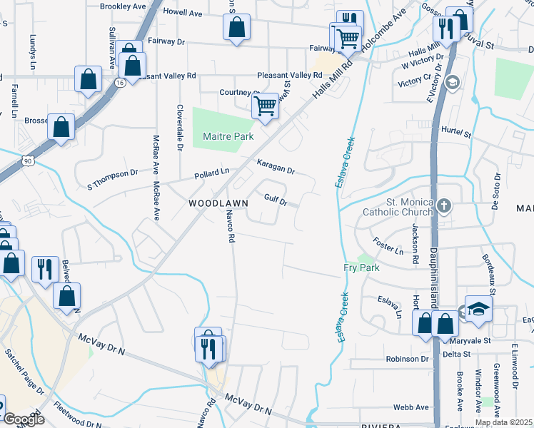 map of restaurants, bars, coffee shops, grocery stores, and more near 915 Gulf Terra Court in Mobile