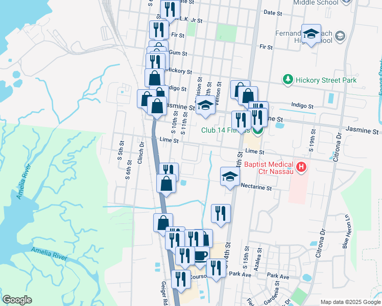 map of restaurants, bars, coffee shops, grocery stores, and more near 1100 Lime Street in Fernandina Beach
