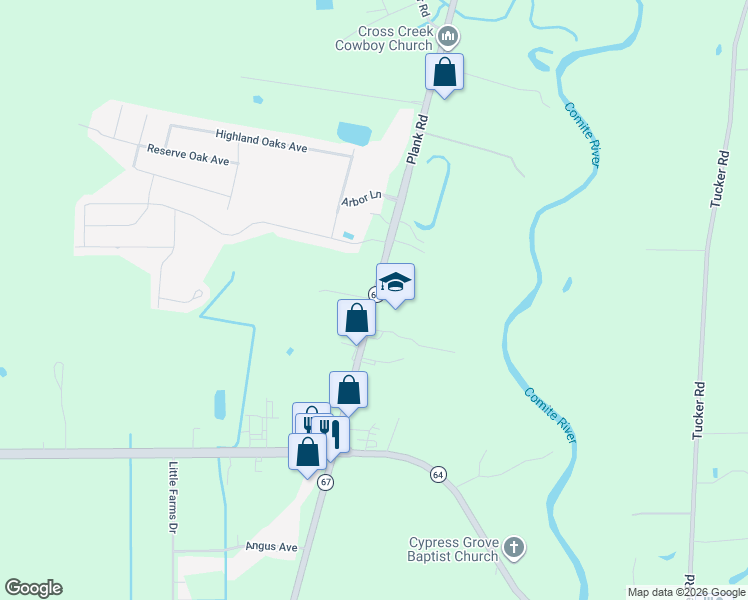 map of restaurants, bars, coffee shops, grocery stores, and more near 21139 Plank Road in Zachary