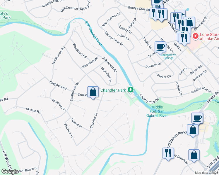 map of restaurants, bars, coffee shops, grocery stores, and more near 413 Ridgecrest Road in Georgetown