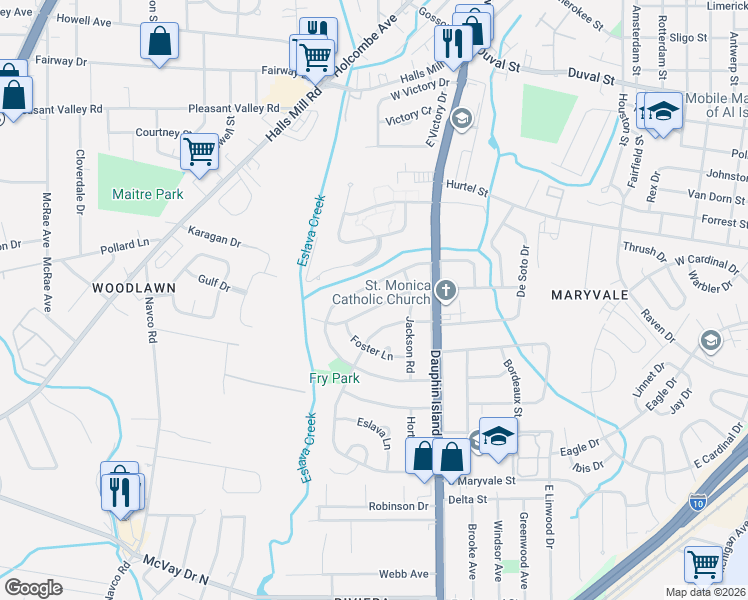 map of restaurants, bars, coffee shops, grocery stores, and more near 2065 Holmes Drive in Mobile