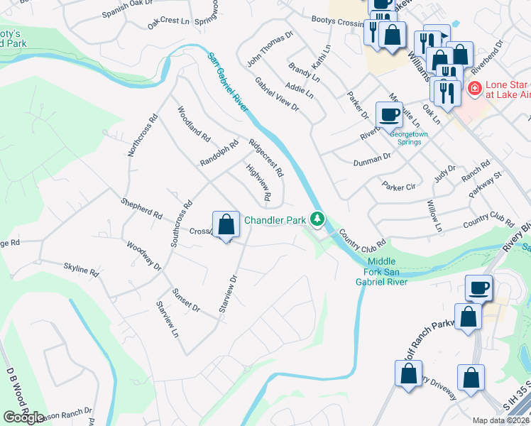 map of restaurants, bars, coffee shops, grocery stores, and more near 413 Ridgecrest Road in Georgetown
