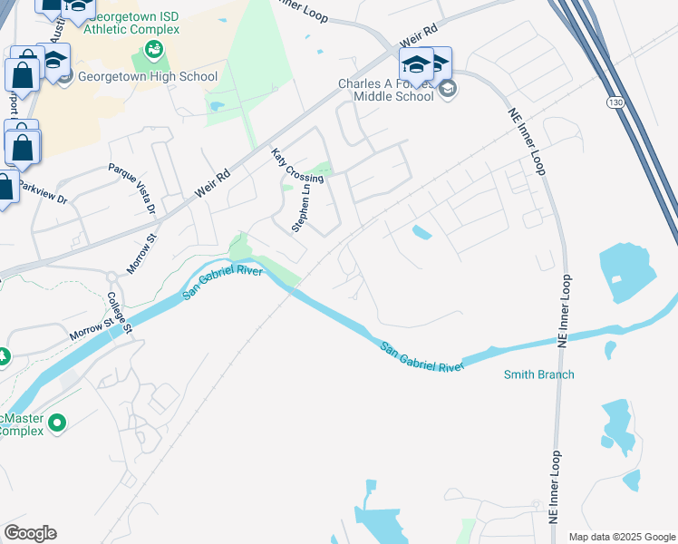 map of restaurants, bars, coffee shops, grocery stores, and more near 500 Wildflower Lane in Georgetown