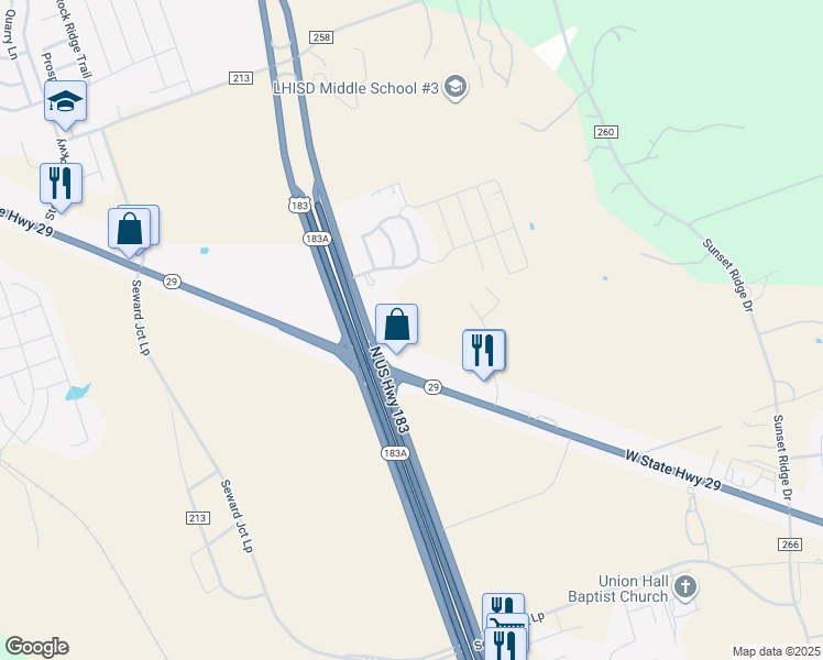 map of restaurants, bars, coffee shops, grocery stores, and more near 40 U.S. 183 in Liberty Hill