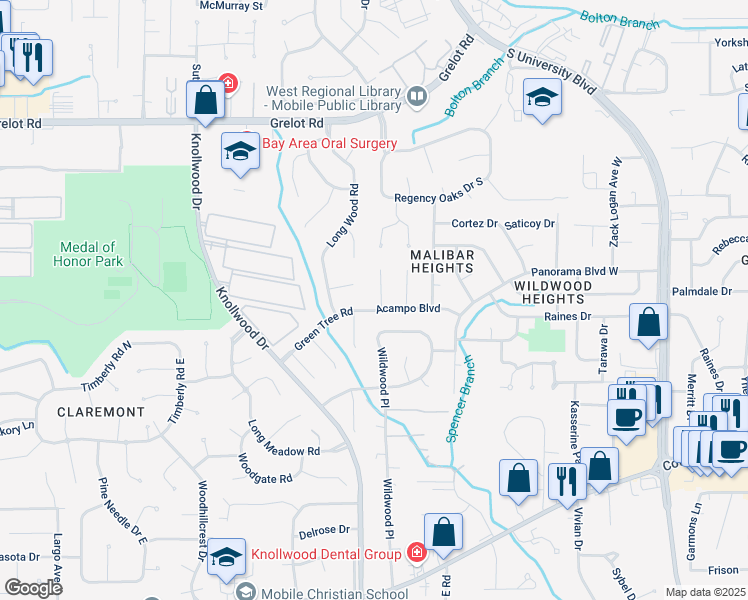 map of restaurants, bars, coffee shops, grocery stores, and more near 1732 Aspen Wood Court in Mobile