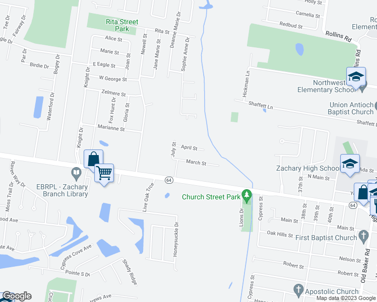 map of restaurants, bars, coffee shops, grocery stores, and more near 2742 April Street in Zachary