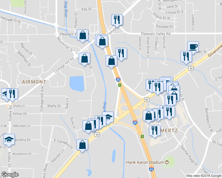 map of restaurants, bars, coffee shops, grocery stores, and more near 2010 Service Road in Mobile