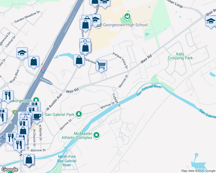 map of restaurants, bars, coffee shops, grocery stores, and more near San Gabriel Loop in Georgetown