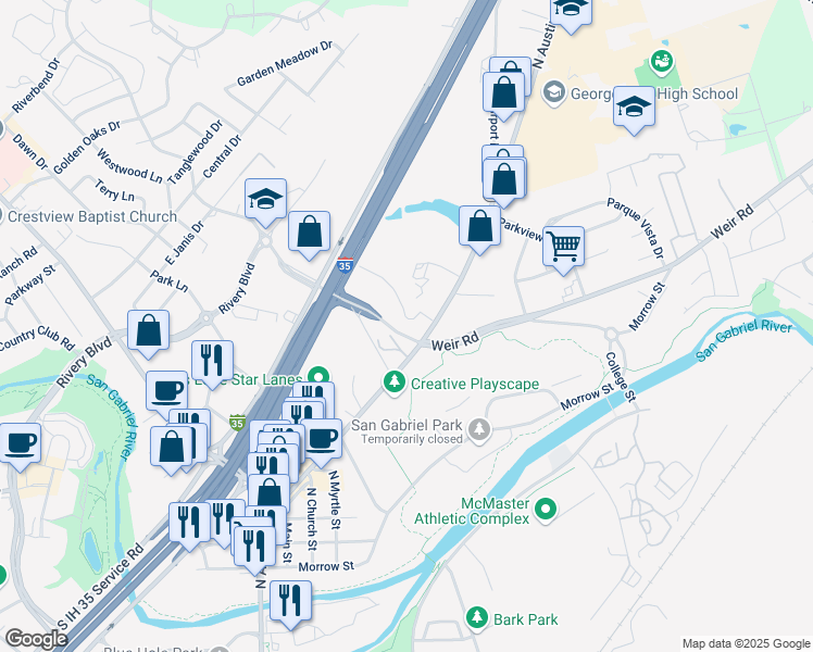 map of restaurants, bars, coffee shops, grocery stores, and more near 204 Royal Drive in Georgetown