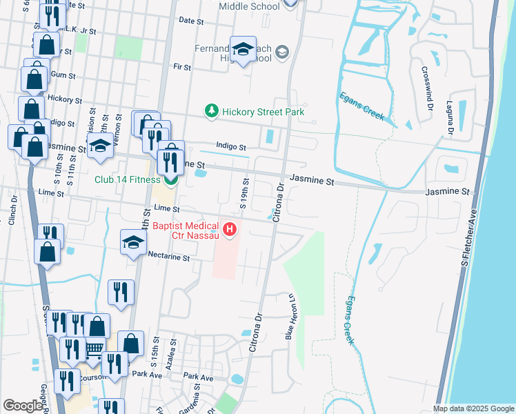 map of restaurants, bars, coffee shops, grocery stores, and more near 2015B Natures Lane West in Fernandina Beach