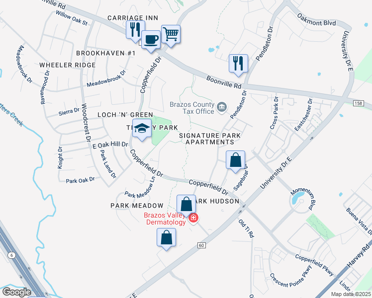map of restaurants, bars, coffee shops, grocery stores, and more near Park Hudson Trail in Bryan