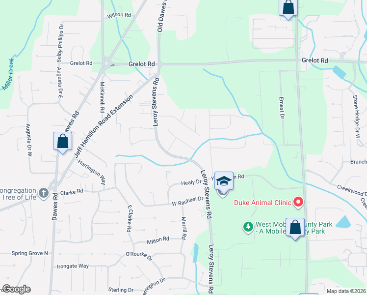 map of restaurants, bars, coffee shops, grocery stores, and more near 8240 Pine West Court West in Mobile