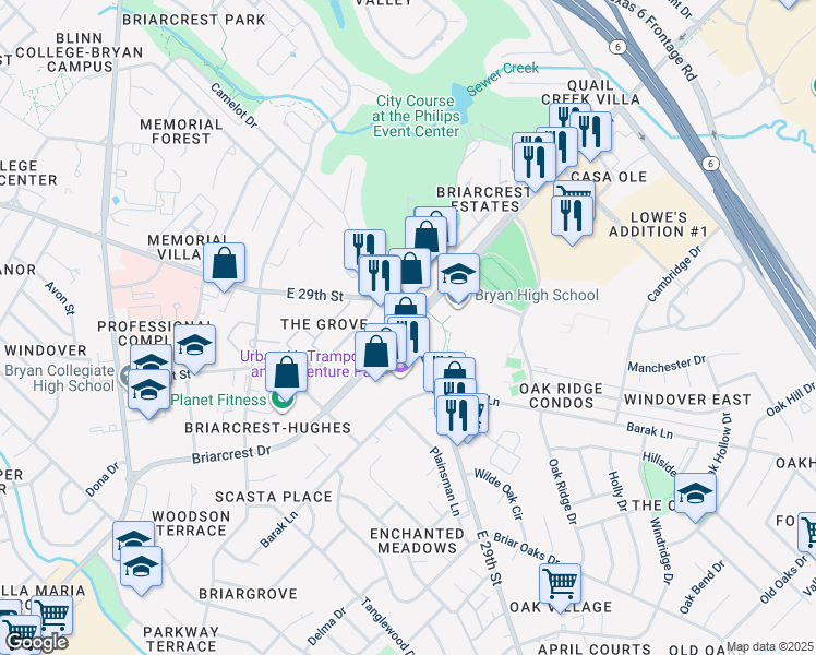 map of restaurants, bars, coffee shops, grocery stores, and more near 1730 Briarcrest Drive in Bryan