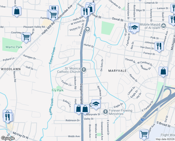 map of restaurants, bars, coffee shops, grocery stores, and more near 1107 Bartran Curve in Mobile