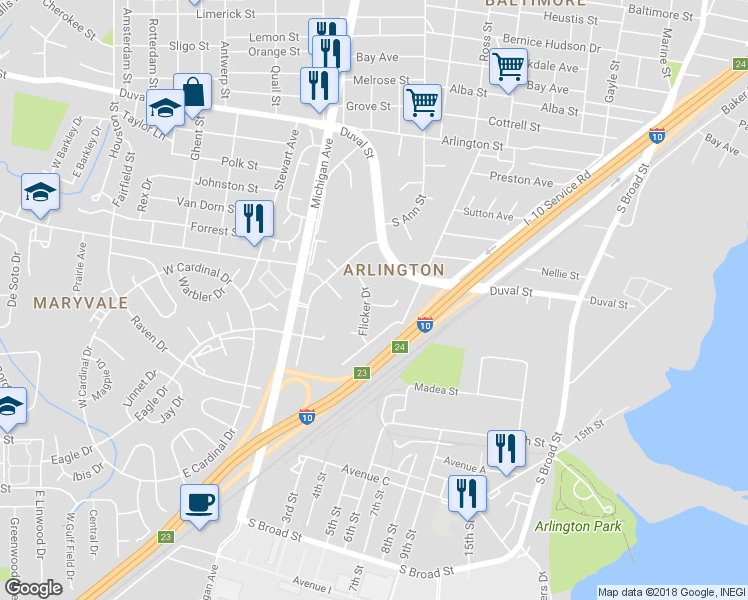 map of restaurants, bars, coffee shops, grocery stores, and more near 1266 Fearn Court in Mobile