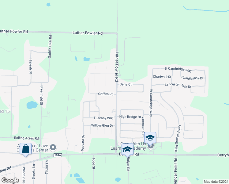 map of restaurants, bars, coffee shops, grocery stores, and more near 3936 Griffith Road in Pace