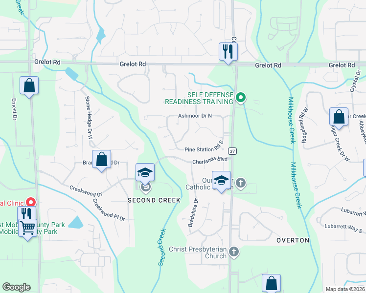 map of restaurants, bars, coffee shops, grocery stores, and more near 1715 Ashmoor Drive East in Mobile