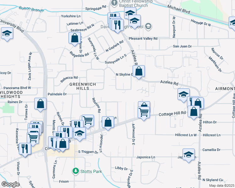 map of restaurants, bars, coffee shops, grocery stores, and more near 602 Skyline Drive South in Mobile