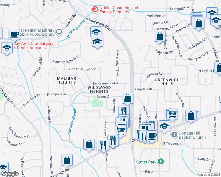 map of restaurants, bars, coffee shops, grocery stores, and more near 4305 Panorama Boulevard West in Mobile