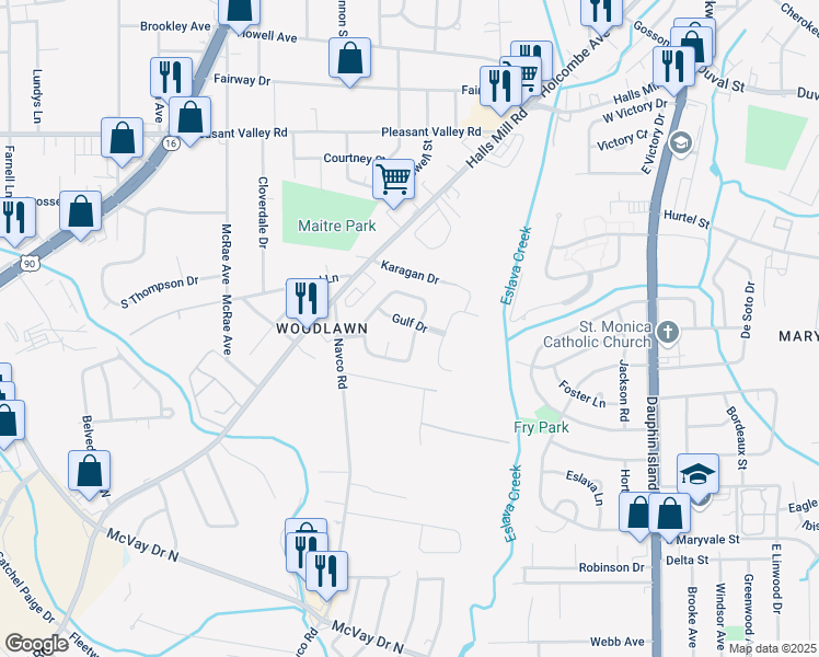 map of restaurants, bars, coffee shops, grocery stores, and more near 908 East Gulf Terra Drive in Mobile