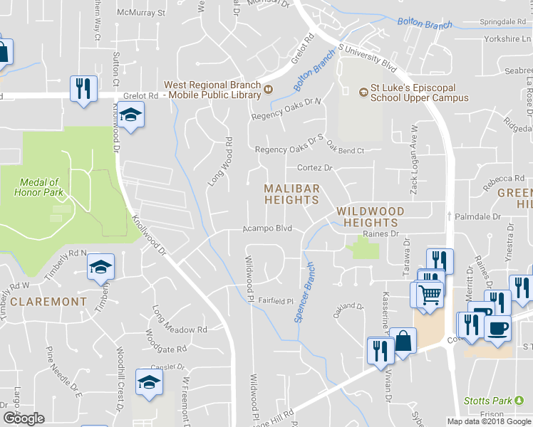 map of restaurants, bars, coffee shops, grocery stores, and more near 1737 Snowmass Court in Mobile