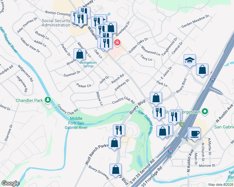 map of restaurants, bars, coffee shops, grocery stores, and more near 1615 Mesquite Lane in Georgetown