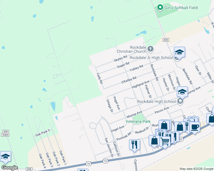 map of restaurants, bars, coffee shops, grocery stores, and more near 2102 O'Kelley Road in Rockdale